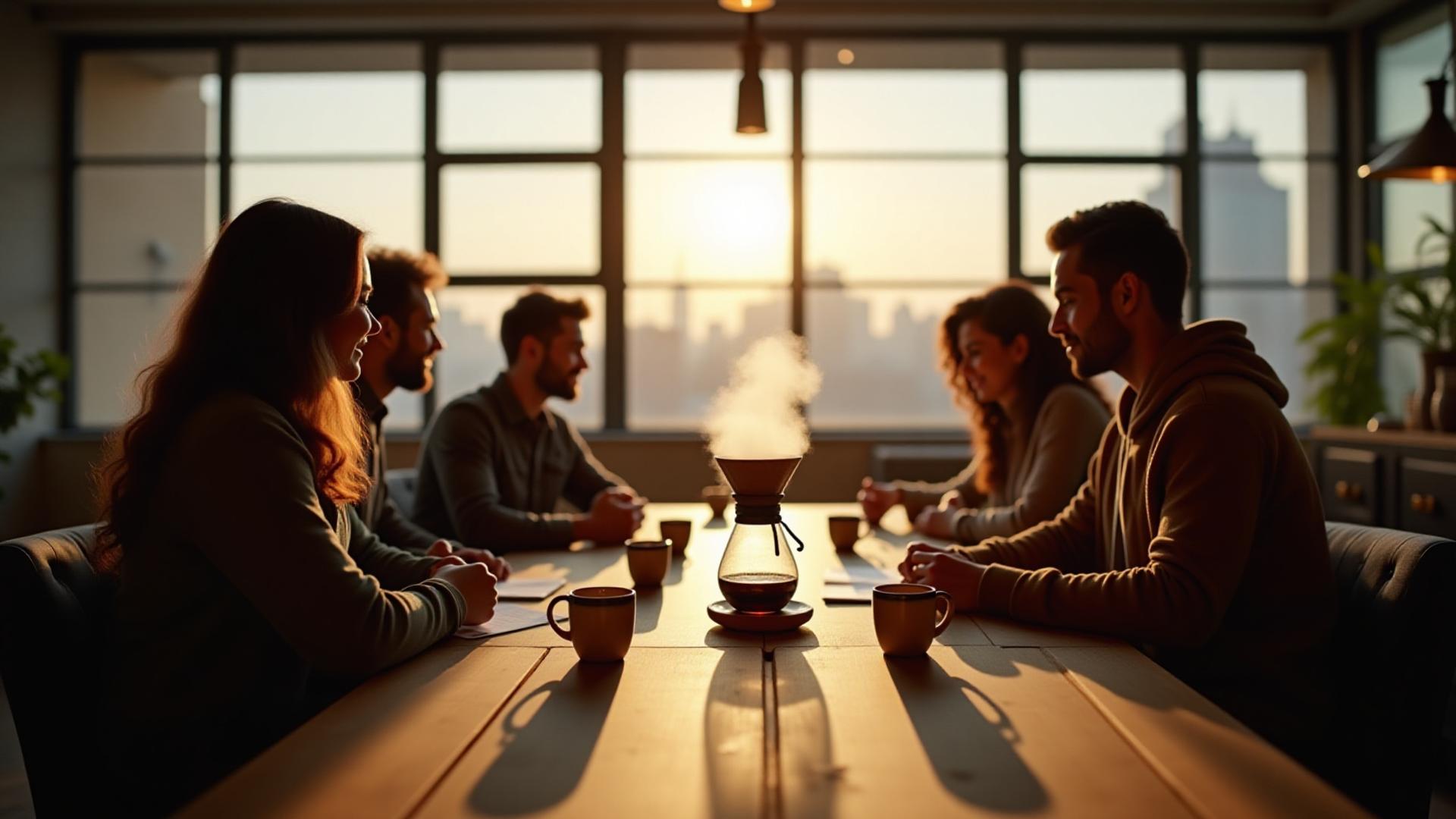 The Nimbus Brew team collaborating in a sunlit New York loft office with coffee cups on the table