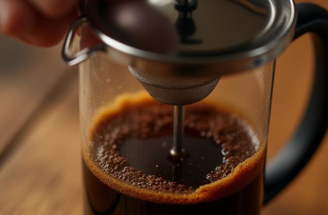 A french press plunger being pushed down through dark coffee grounds.