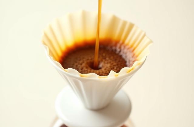 A Hario V60 ceramic dripper sitting on a glass server with coffee blooming inside.