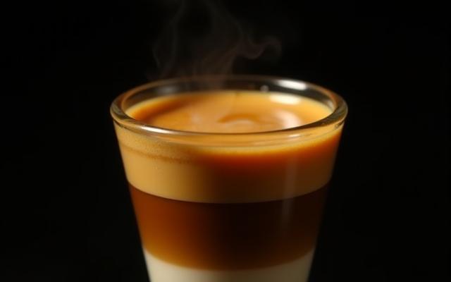 Espresso shot being pulled into a glass demitasse with thick crema