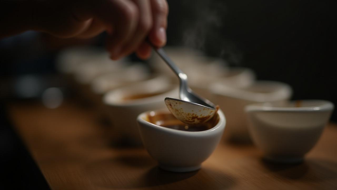 Professional coffee cupping session featuring tasting bowls and spoons
