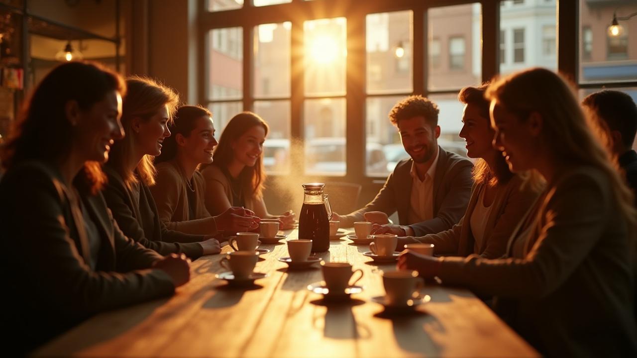A diverse group of coffee enthusiasts having a lively discussion over cups of pour-over coffee in a warm, brick-walled New York cafe