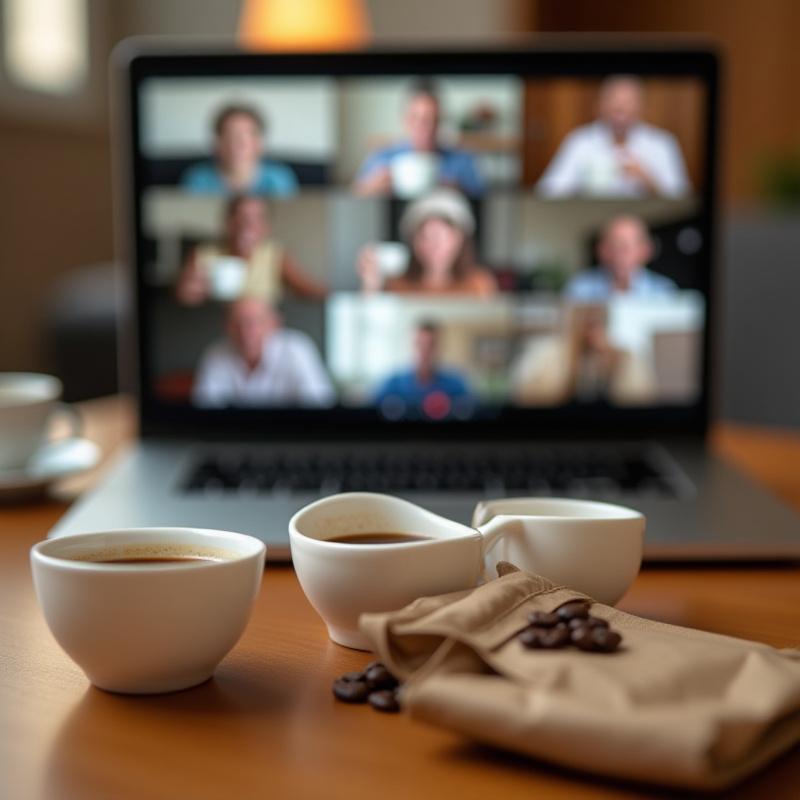 Virtual tasting event setup with coffee cupping bowls and a laptop