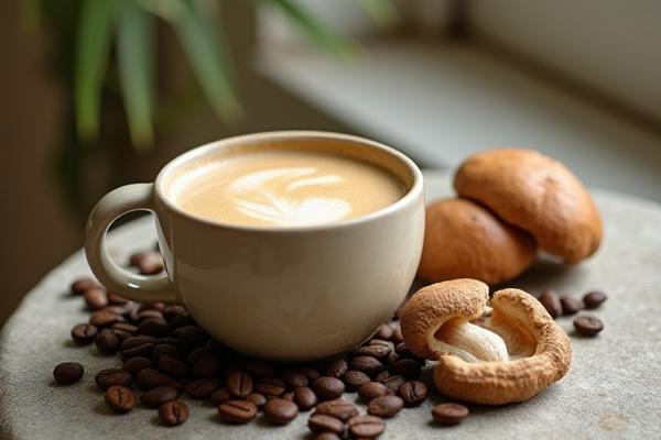 Artistic arrangement of medicinal mushrooms and coffee beans