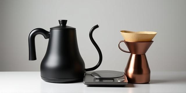 Pour over kettle, scale, and grinder arranged on a counter