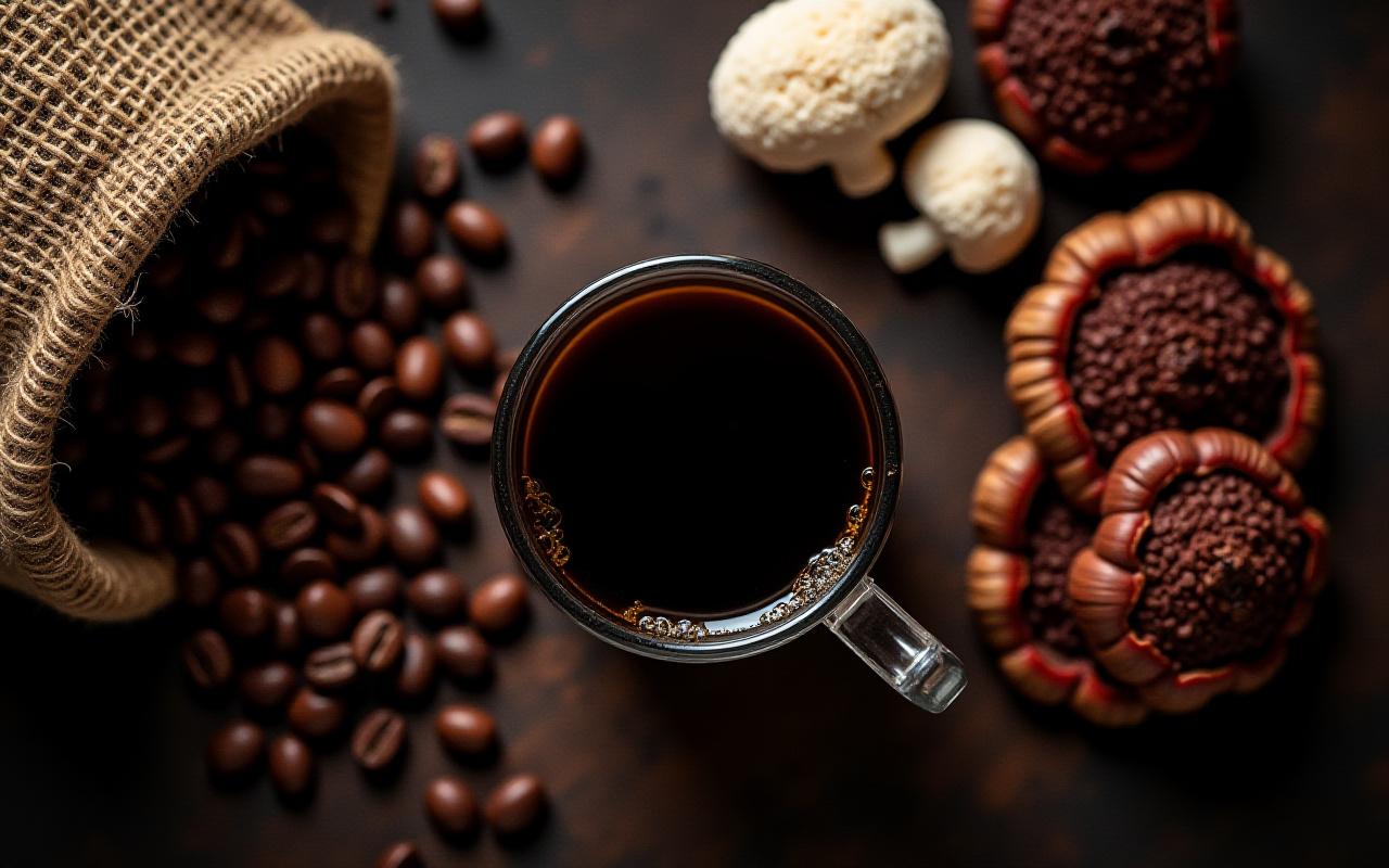 Artistic arrangement of roasted coffee beans mixed with dried Lion's mane and Reishi mushrooms on a dark wooden table
