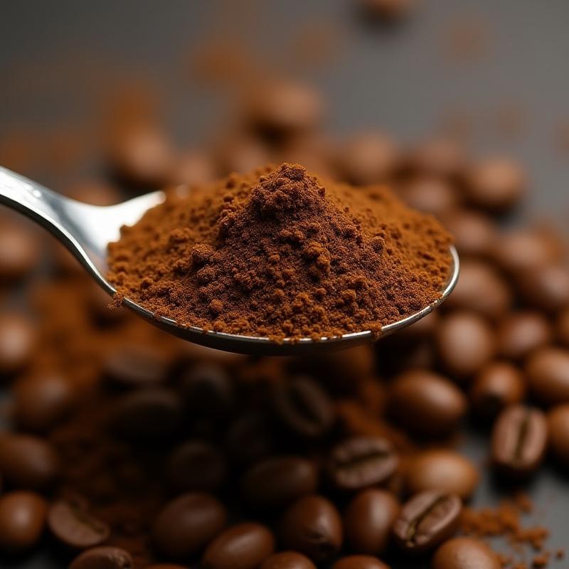 Close up macro shot of fine brown Chaga powder on a spoon hovering over roasted coffee grounds