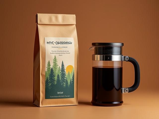 Bag of Myco-Morning Elixir coffee grounds next to a French Press