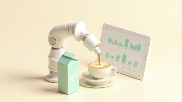 A flat-lay composition representing coffee trends, including plant-based milks and automation tools.