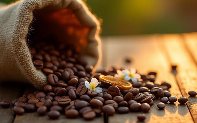 Freshly roasted Ethiopian coffee beans poured onto a table with floral decorations.