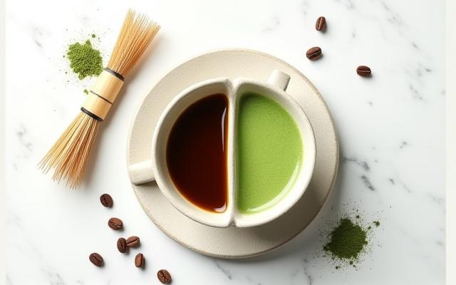 A ceramic bowl of frothy green matcha next to a latte, highlighting the fusion trend.