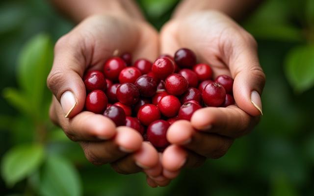A close-up of a coffee farmer's hands inspecting red coffee cherries.